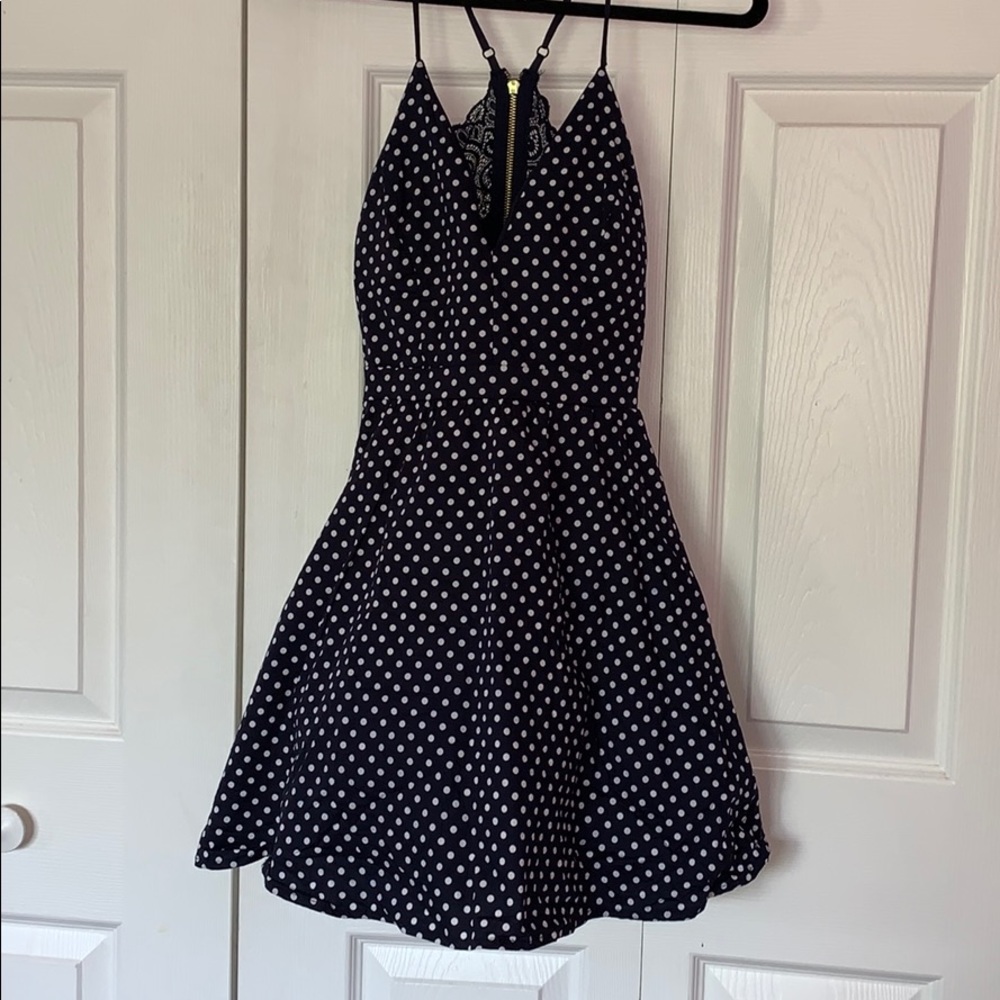 Spaghetti strap navy polka dot dress